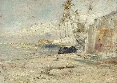 Coastal Landscape Painting with Palm Trees