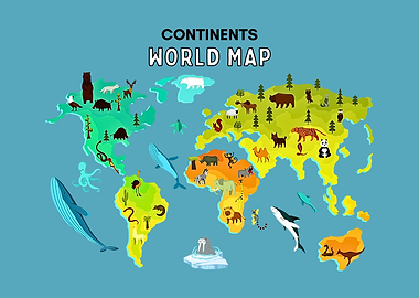 Continents World Map with Animals