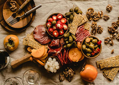 Charcuterie board with fruits and snacks