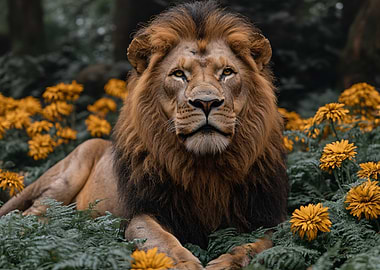 Majestic Lion in Floral Meadow
