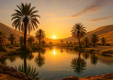 Landscape Desert Oasis at Sunset