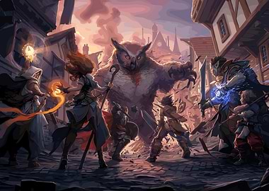 Fantasy Battle in a Town Square