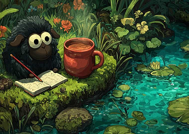 Cartoon Sheep Writing by a Stream