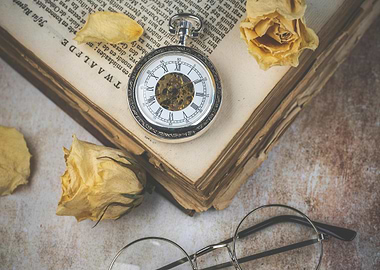 Vintage Pocket Watch with Book and Roses