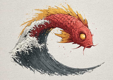 Red Koi Fish and Wave