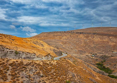 Wind Turbines on Golden Hills Landscape, Lesbos