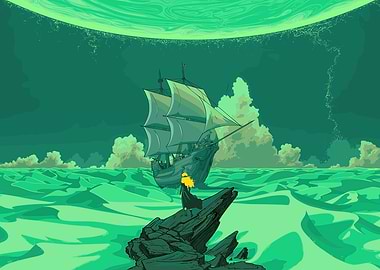 Green Seascape with Ship and Figure