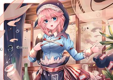 Anime Girl with Shark Hat Illustration