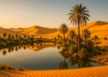 Landscape Desert Oasis with Palm Trees