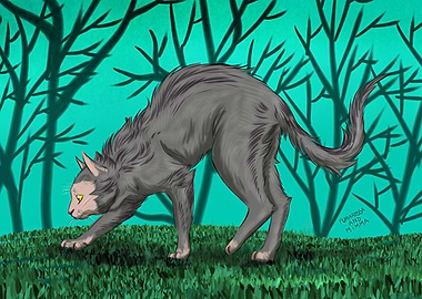 Grey Lykoi Cat in Forest Illustration