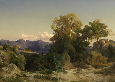 Landscape painting with mountains and trees