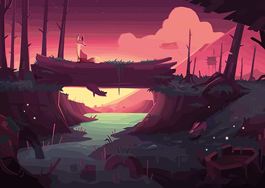 Fox on a Log in Forest