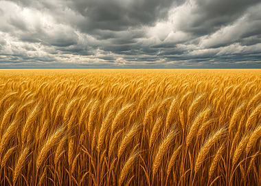 Landscape Golden Wheat Field Under Stormy Sky