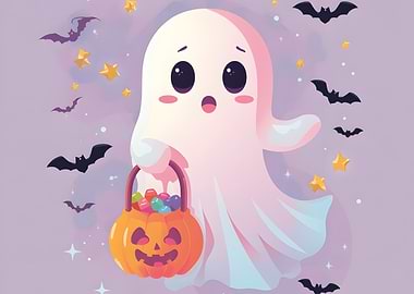 Cute Halloween Ghost with Pumpkin Basket
