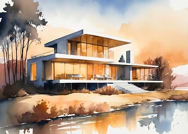 Modern House Watercolor Painting