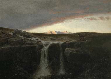 Waterfall and Deer Landscape Painting