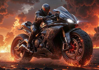 Motorcycle Rider in Fiery Landscape