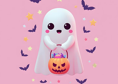 Cute Halloween Ghost with Pumpkin Candy Bucket