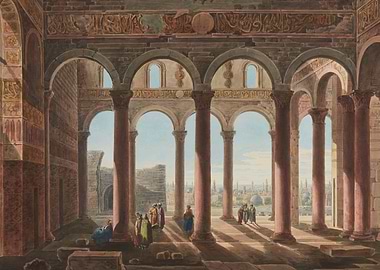 Architectural painting with columns and figures