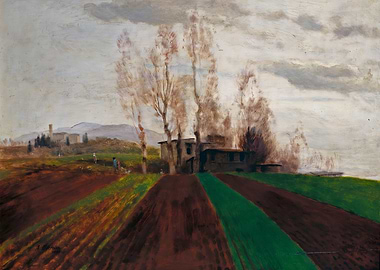 Agricultural Landscape Painting with Farmhouse
