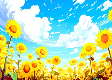 Sunflower field under a bright sky