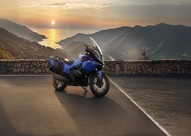 Blue BMW Motorcycle at Sunset