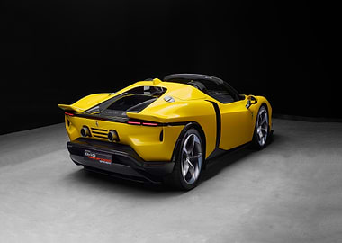 Yellow Ferrari sports car rear view