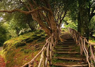Wooden Stairway in Lush Green Forest, Madeira