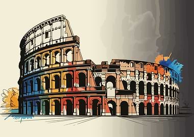 Colosseum Illustration with Colorful Splashes