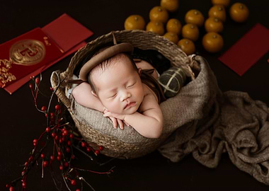 Sleeping Baby in Basket with Oranges