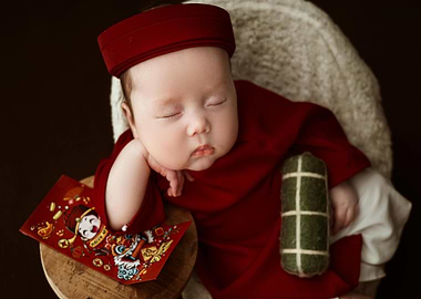 Sleeping Baby in Traditional Vietnamese Outfit