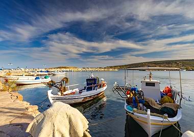 Fishing Boats in a Calm Harbor, Greek Island