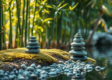 Zen Stone Stacks in Tranquil Garden