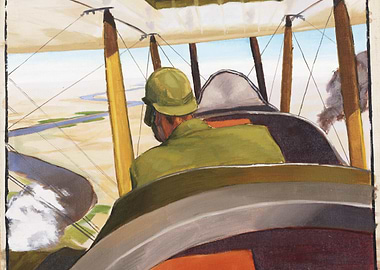 Biplane Flight over Landscape Painting