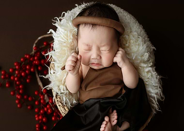 Newborn baby in basket with berries