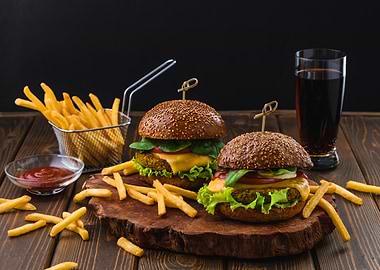 Burgers, Fries, and Drink Still Life