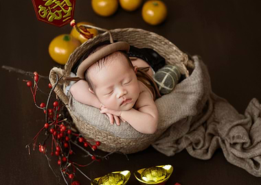 Newborn baby in basket, Lunar New Year