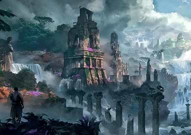Fantasy Landscape with Ruins and Waterfalls