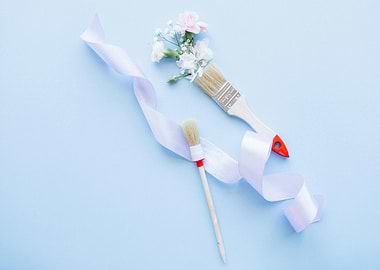 Paintbrushes with Flowers and Ribbon