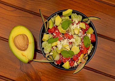 Watermelon Avocado Salad on Wooden Table