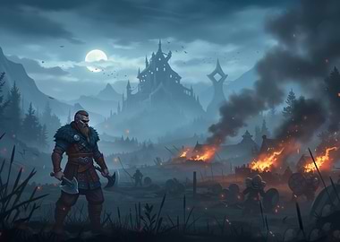 Viking Warrior in a Burning Village