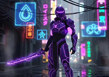 Cyberpunk Warrior with Neon Sword