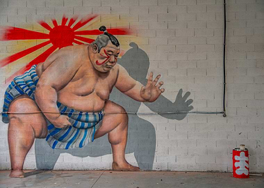 Sumo Wrestler Mural with Rising Sun