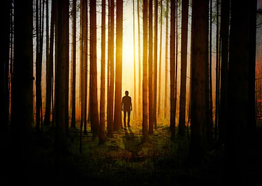 Silhouette in Forest at Sunset