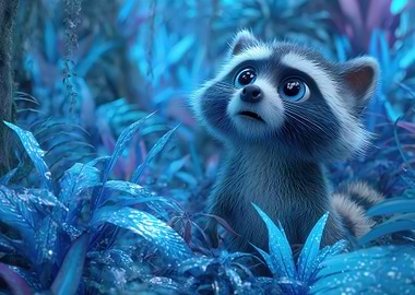 Cute Raccoon in Blue Foliage