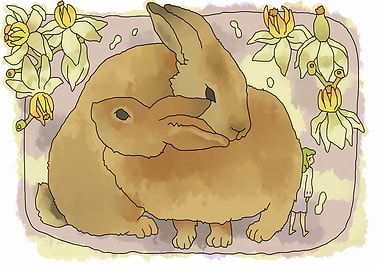 Two Rabbits with Flowers and a Girl