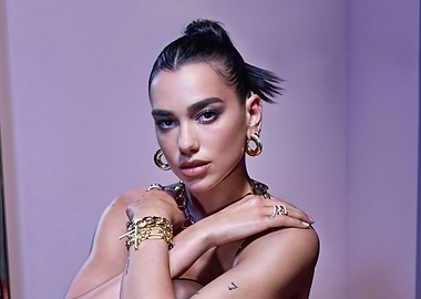 Dua Lipa portrait with gold jewelry