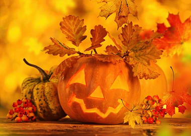 Halloween Pumpkin with Autumn Leaves