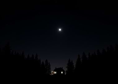 Night landscape with house and moon