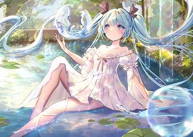 Anime Girl in Water Garden